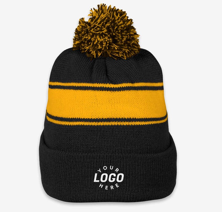 Embroidered Stripe Pom Pom Beanie