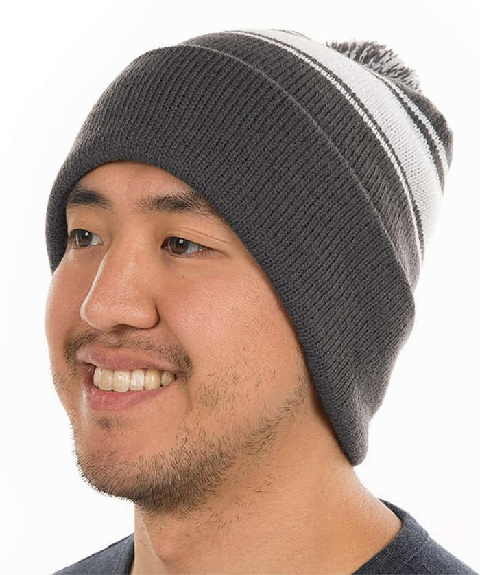 Embroidered Stripe Pom Pom Beanie