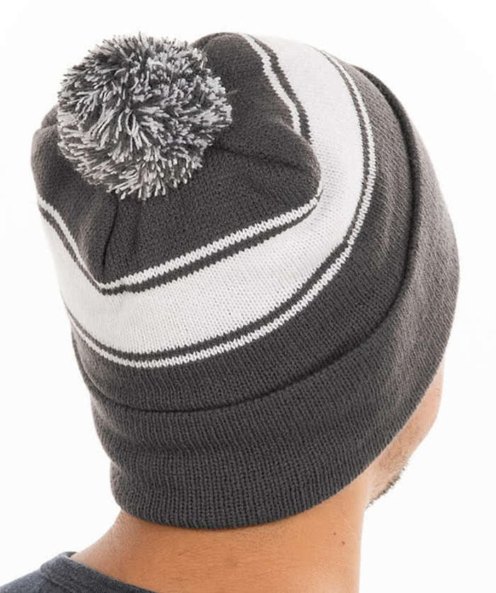 Embroidered Stripe Pom Pom Beanie