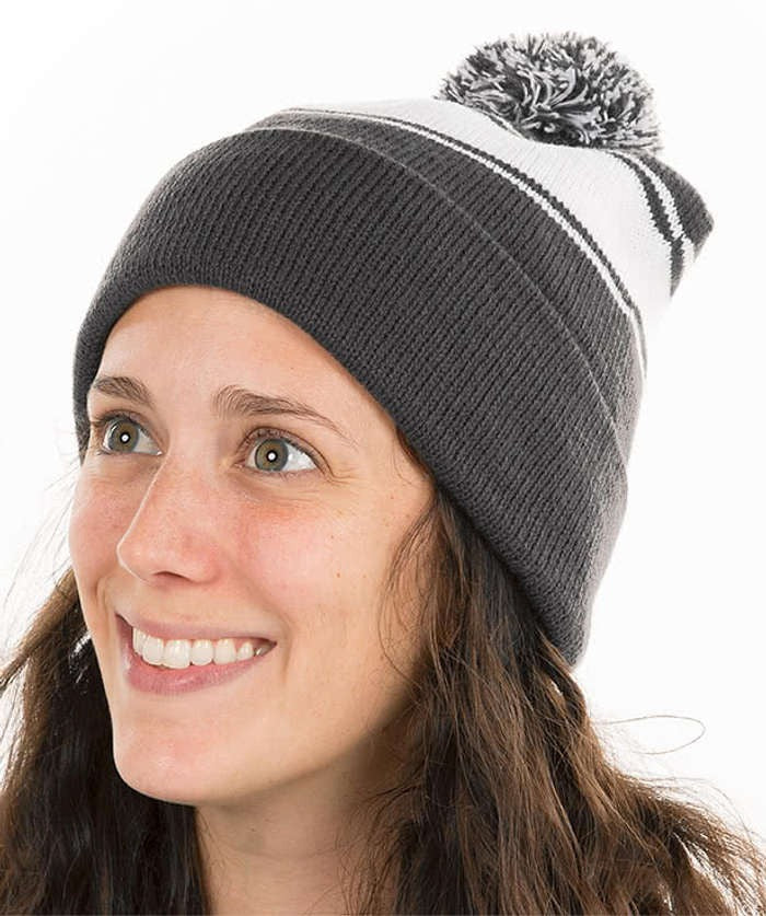 Embroidered Stripe Pom Pom Beanie