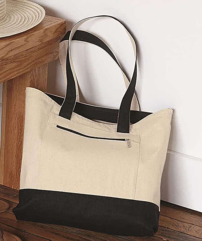 Large Front Zipper Cotton Tote Bag